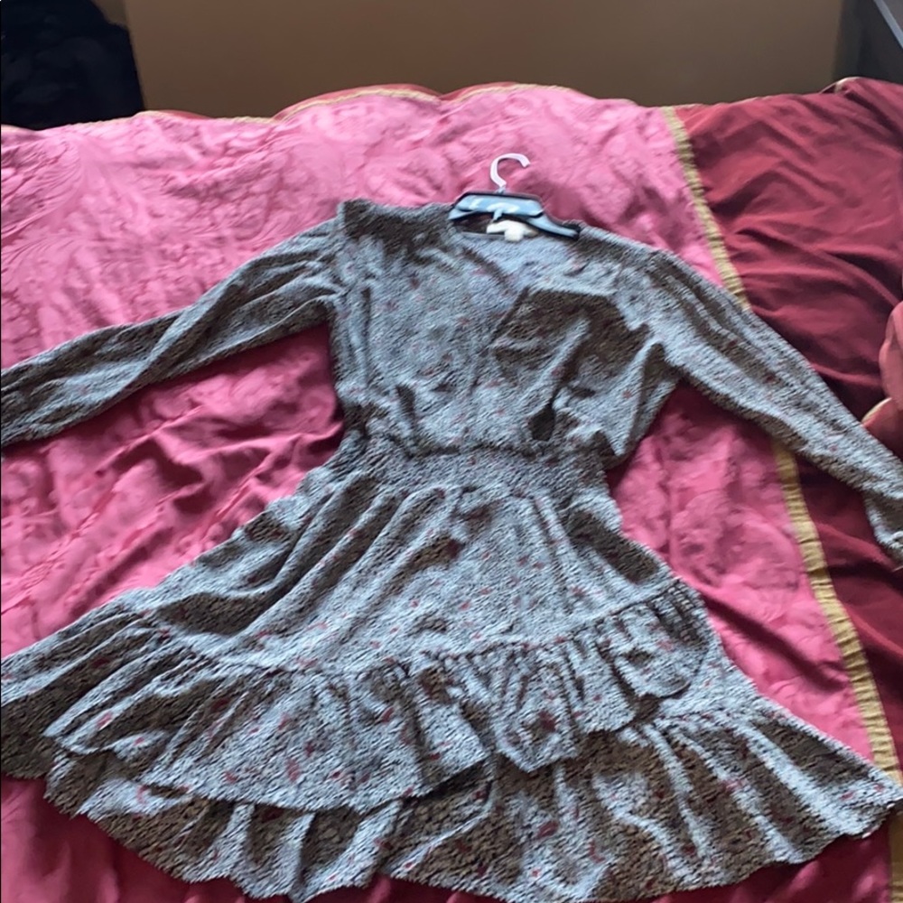 V-neck faux wrap dress with gathered waist